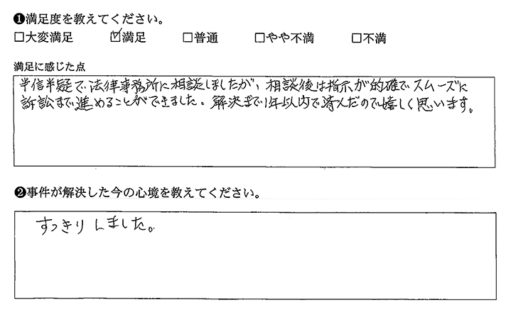 半信半疑でしたが、訴訟までスムーズに進みました