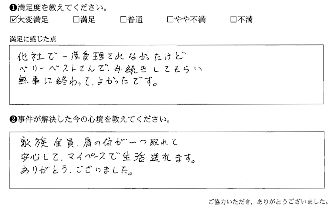 ベリーベストさんで手続きしてもらい、無事に終わってよかったです