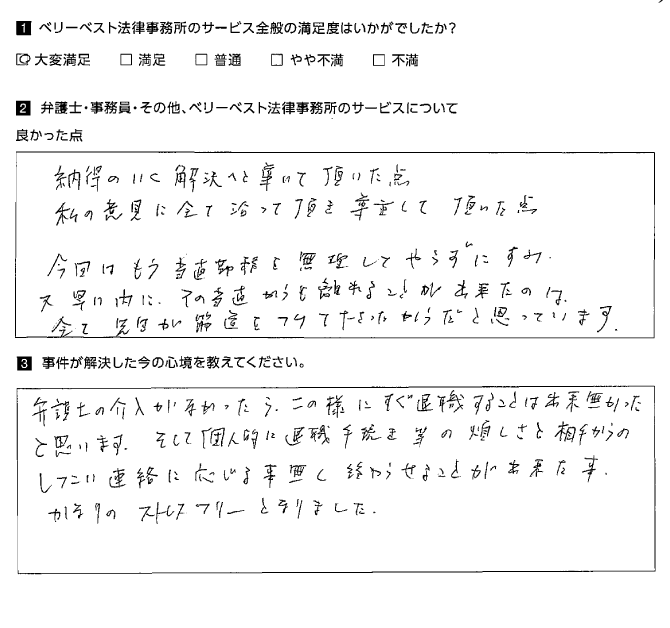 退職手続き等の煩わしさと相手からのしつこい連絡に応じる事無く 終わらせることが出来た ベリーベスト法律事務所 姫路オフィス